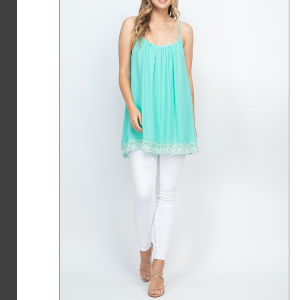 Aqua Mint sleeveless strappy scoop neck lace trim hem detail flowy tunic top. - Picture 4 of 16